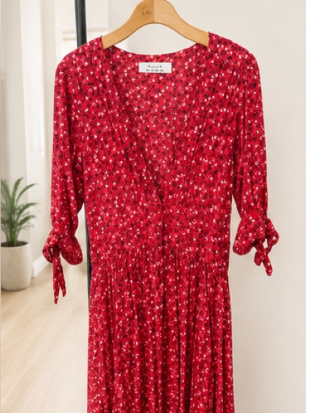 Auguste The Label Red Floral Midi Dress with Tie Sleeves